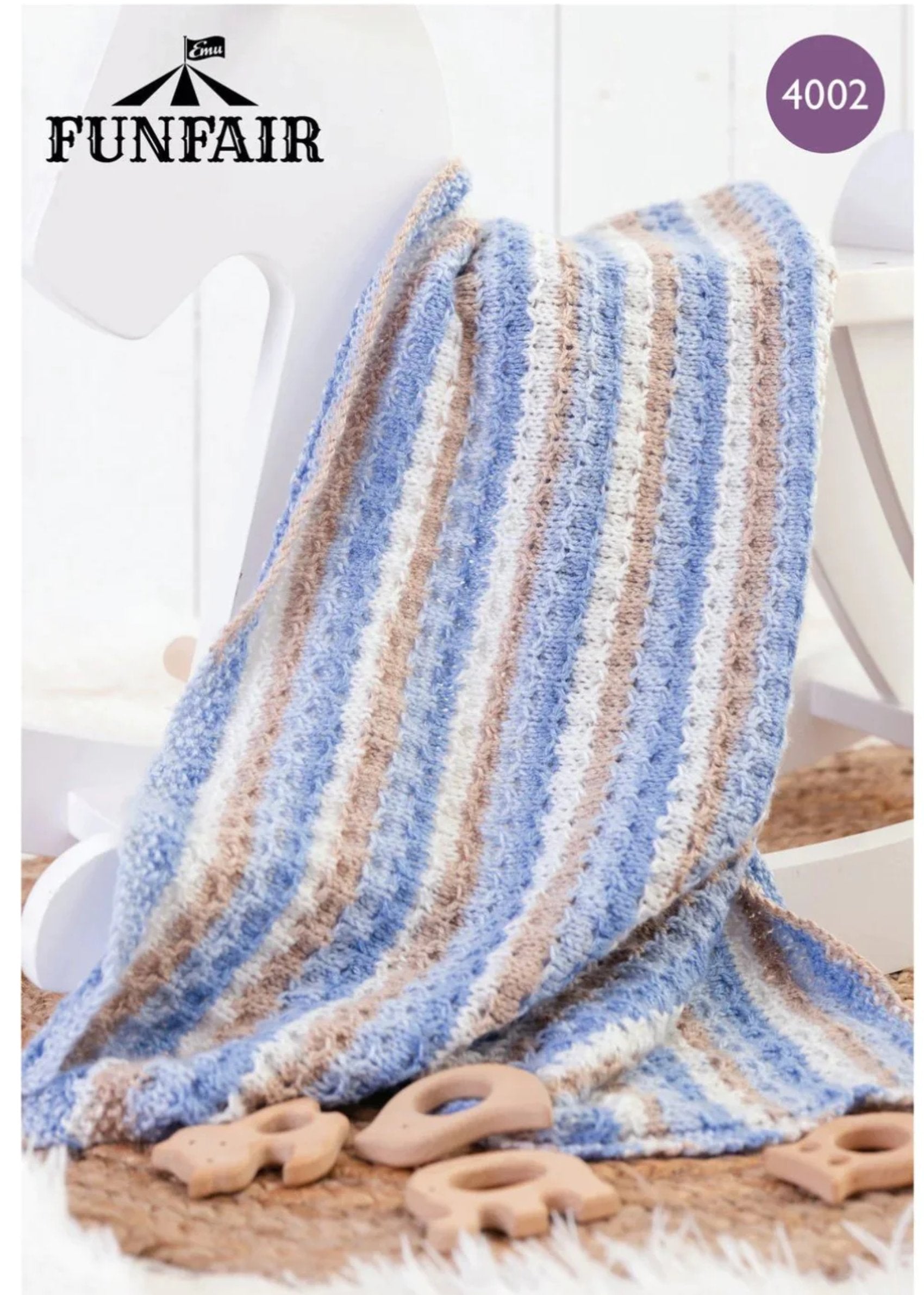 Stripey Moss Stitch Cot Blanket Knitting Pattern in Emu Funfair Swirl DK (4002)
